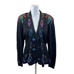 Ladies Vintage 80’s Rafia Embroidered Bead‎ Covered Button Front Cardigan Medium